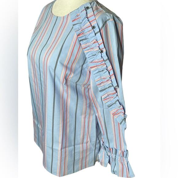 Halogen Striped Ruffled Blouse Bell Sleeves Cotton Size Small - Picture 3 of 14